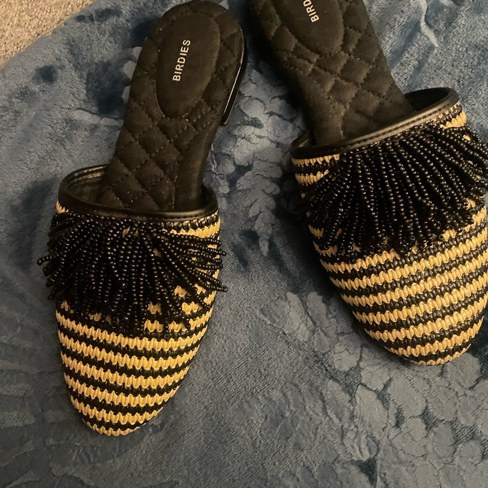 Birdies Black and Yellow Beaded Mules